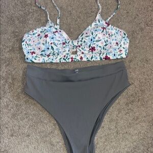 American Eagle Floral Bikini Top and Gray High-Waisted Bottoms Set